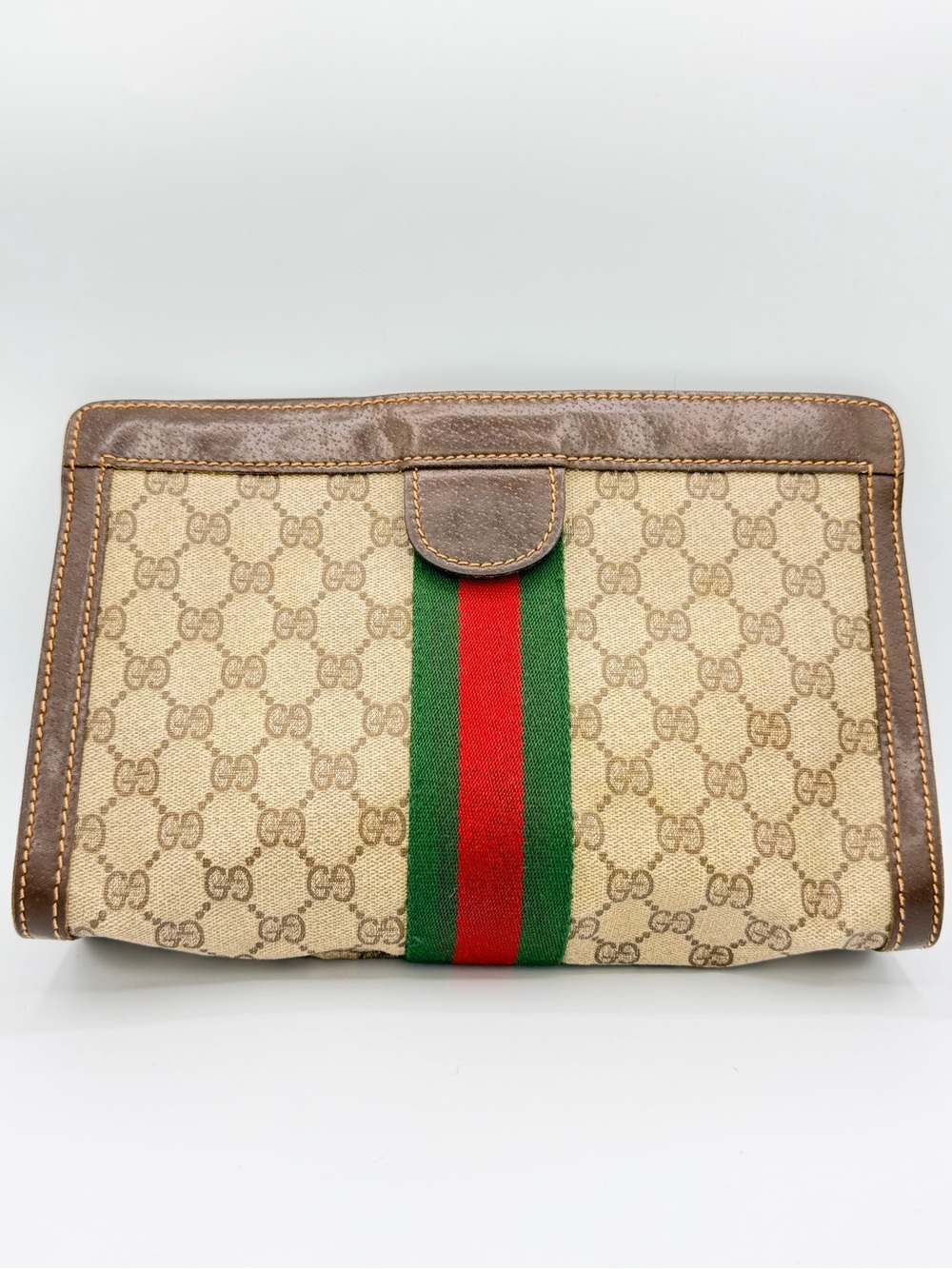 Gucci Beige GG Canvas Clutch with Green and Red Web Stripe
